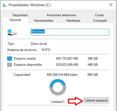 Opción para liberar espacio en disco en Windows 10
