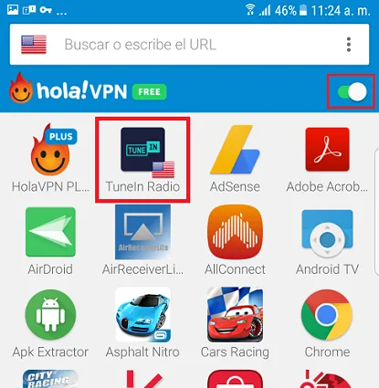 interfaz de hola vpn con icono de tunein radio seleccionado.