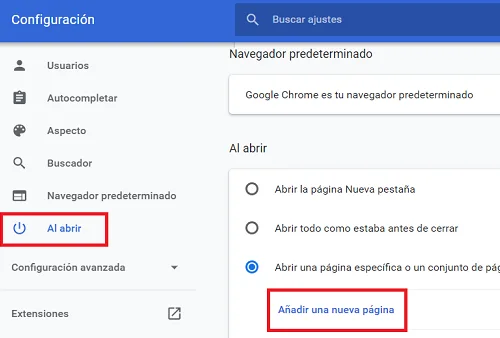 Opción para poner una nueva página de inicio en Google Chrome