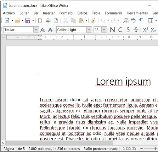 Documento Word abierto en LibreOffice Writer