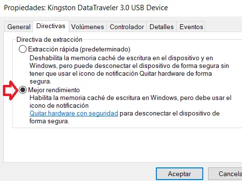 Opción para mejorar el rendimiento de una memoria USB en Windows 10