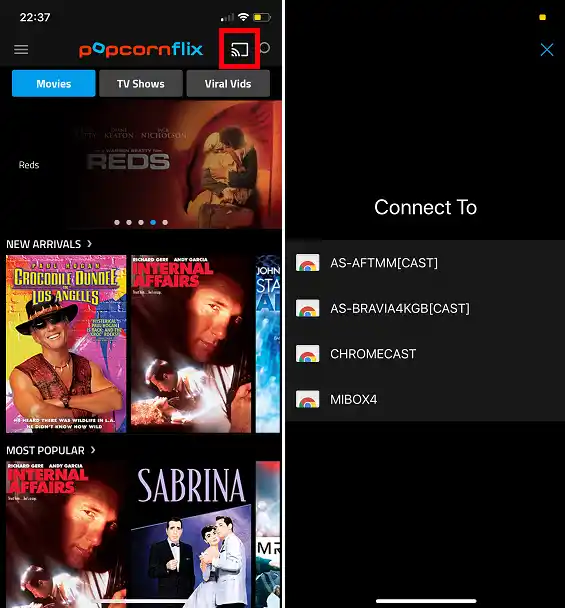 Interfaz de Popcornflix en un smartphone iPhone