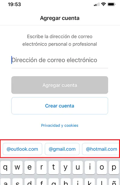 Página para agregar cuenta Hotmail en la aplicación de Outlook móvil