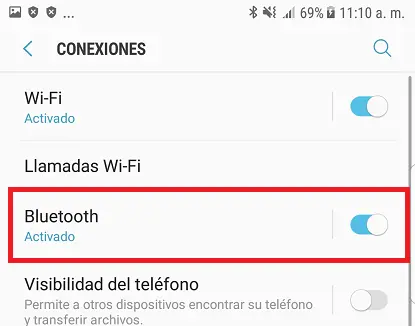 Opción para activar el bluetooth en un teléfono Android