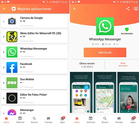 Descarga de WhatsApp desde Aptoide en Huawei