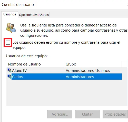 Opción para desactivar la solicitud de contraseña en el inicio de Windows