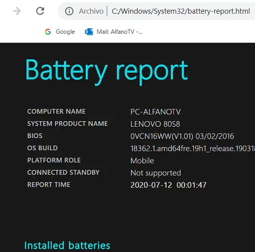 Reporte de estado de la batería de una laptop