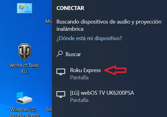 Opción para conectar un PC a un Roku Express para duplicar pantalla