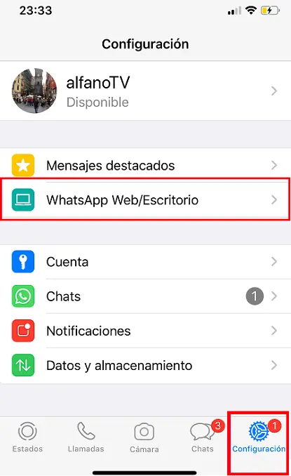 Opción whatsapp Web/Escritorio en un iPhone