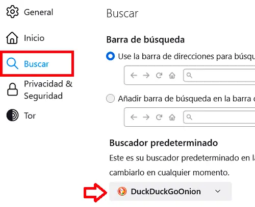 Configuración de buscador DuckDuckGoOnion como predeterminado en navegador Tor