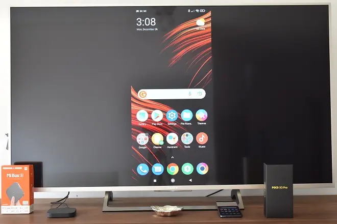 Pantalla de teléfono Xiaomi Poco X3 Pro en televisor conectado a una Xiaomi Mi Box S 4k