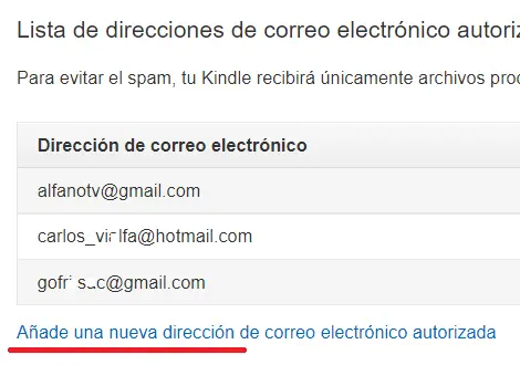 Opción para añadir emails para el envío de documentos y libros a Kindle